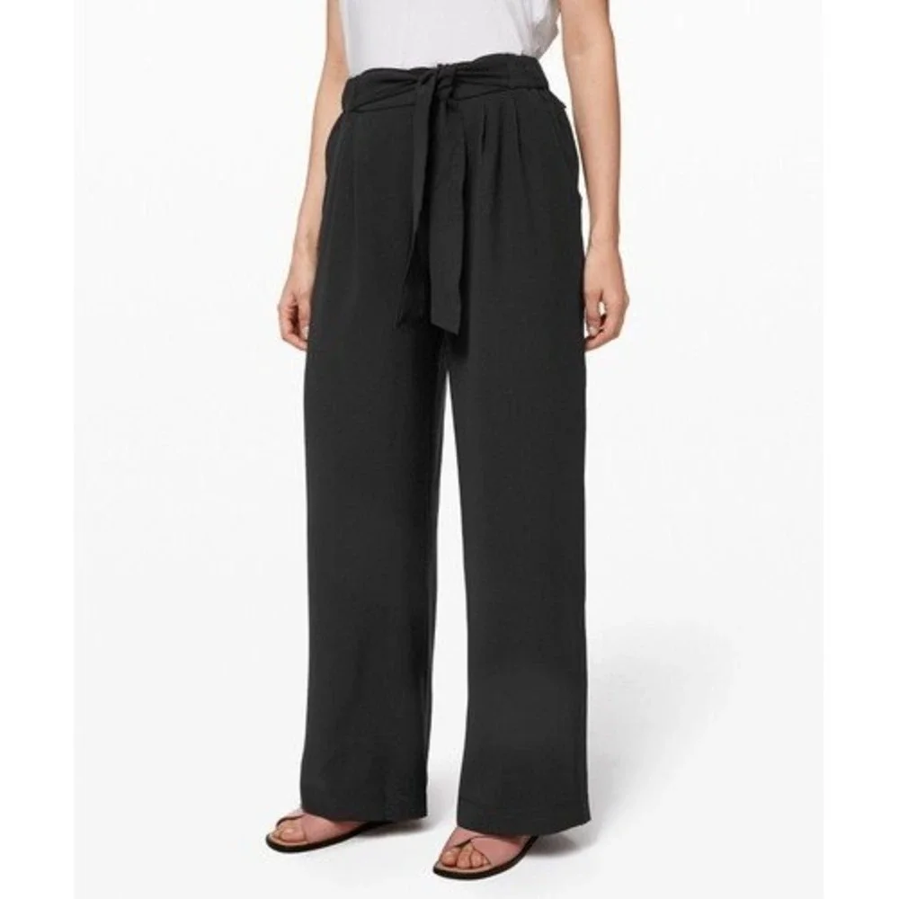 Lululemon Noir Pant Black Wide Leg Tie Waist High Rise Trousers Size 4‎